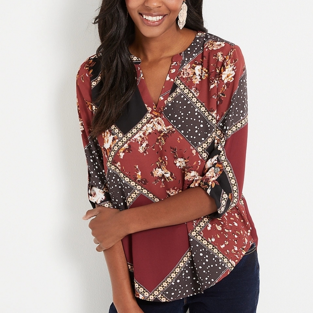 Maurices Atwood Floral 3/4 Sleeve Red Popover Blouse Size 1x